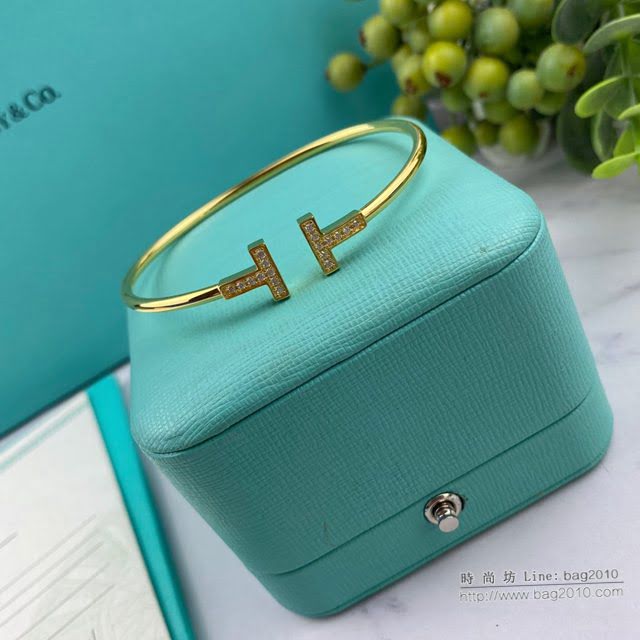 Tiffany純銀飾品 蒂芙尼女士專櫃爆款雙T帶鑽手鐲 Tiffany空心彈簧管925開口手鐲  zgt1616
